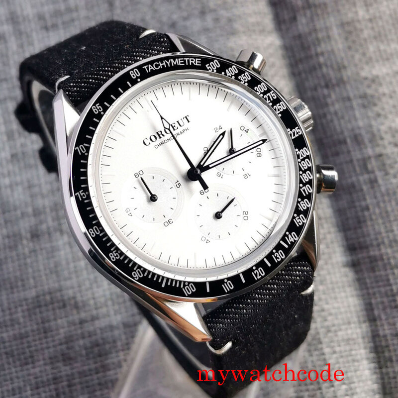 Corgeut marca superior luxo 40mm mostrador preto 24 horas velocidade completa cronógrafo relógio masculino couro/aço banda três-olho esporte relógio
