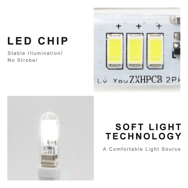 Portátil Mini LED Book Lamp com Touch Switch, USB, luz noturna, Camping Bulb, Power Bank, 3LEDs, 1.5W, luz de leitura, DC 5V