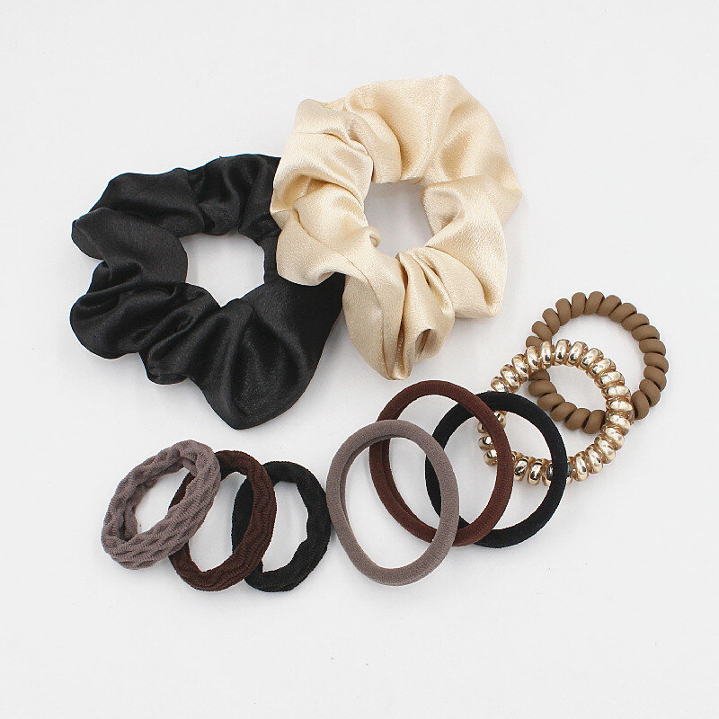 10Pcs/pack Women Hair Accessories Set Textured Seamless Nylon Rubber Band Spiral Cord Hair Tie Satin Scrunchies No Crease Comfy