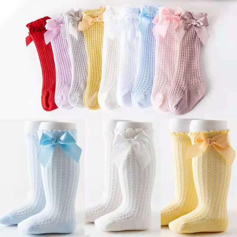 Summer Baby Girls Socks Toddlers Bow Long Sock Kids Knee High Soft Cotton Mesh Spanish Style Children 0-2 Years Breathable Socks