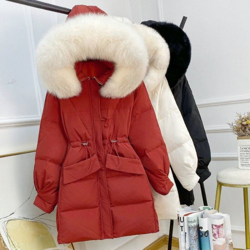 女性のミドル丈暖かいレインコート,白いダックダウンジャケット,暖かい冬の毛皮の襟,長袖,ふくらんでいるジャケット,新しいコレクション2021