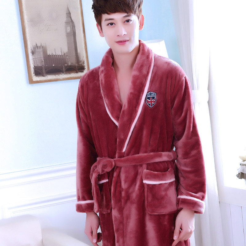 H5978 Men Robes Casual Nightgown Male Thickened Flannel Home Clothes Bathrobe Autumn Winter Long Sleeve Large Size Sleepwear