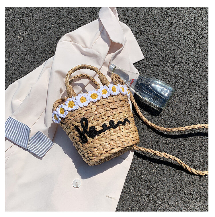 신선한 밀짚 우븐 숄더백, 작은 꽃 목가적인 스타일, 여름 해변 토트 2021 밀짚 가방 포켓, 숙녀의 메신저 백