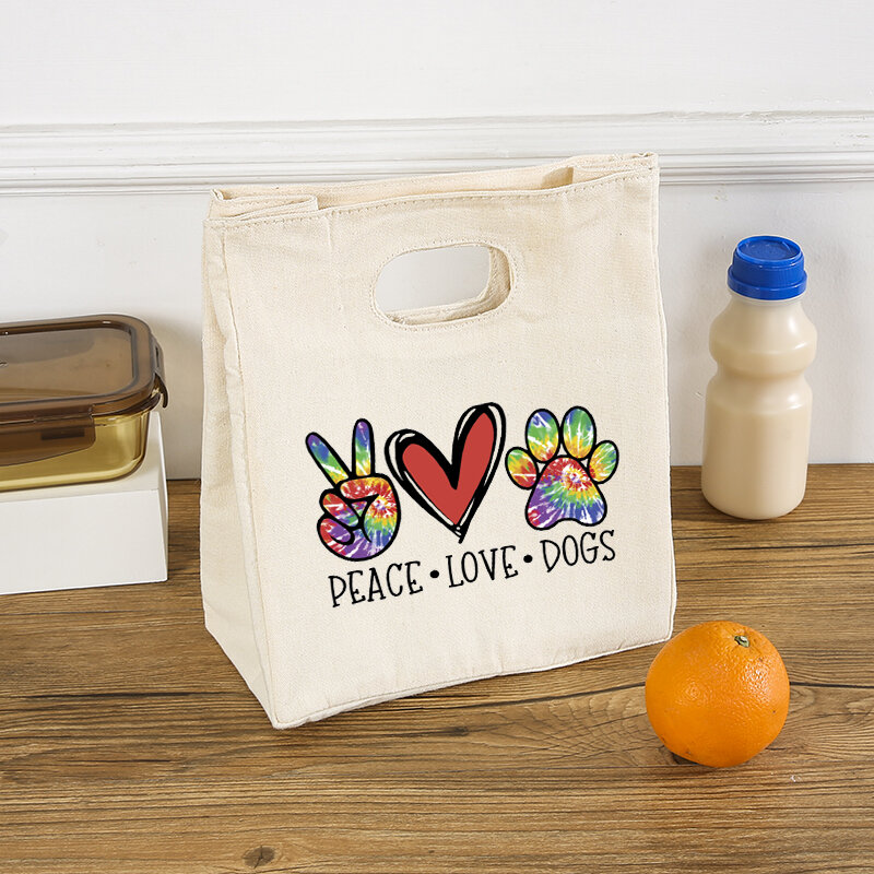 Peace Love Dog Printed Functional Cooler Lunch Bags Portable Insulated Canvas Bento Box  Bag Thermal Food Picnic Organizer Totes