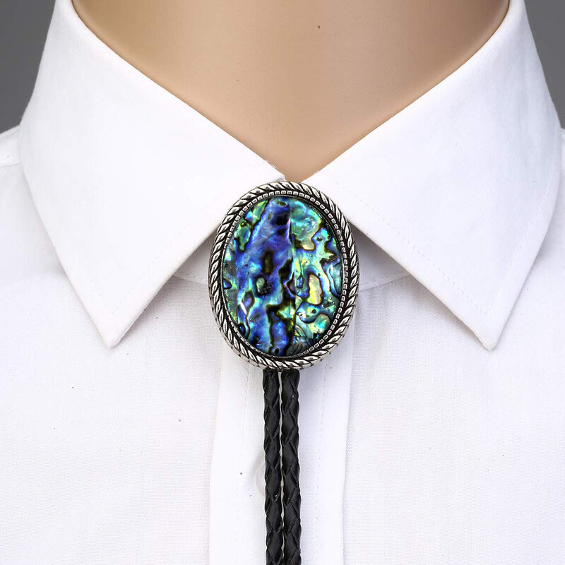 Naturel Stone White Shell Flash  Bolo Tie For Man Indian Cowboy Western Cowgirl Leather Rope Zinc Alloy Necktie