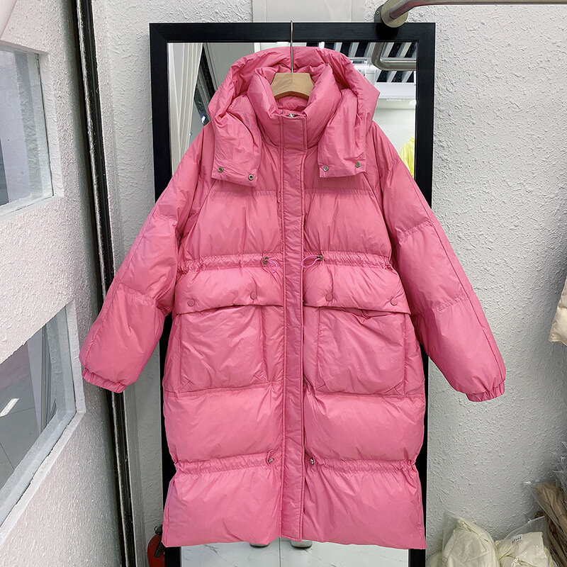 Loose Hooded Down Jacket Women Fashion Solid Color Big Pocket Winter Coat Korean Version Drawstring Thick White Duck Down Jacket