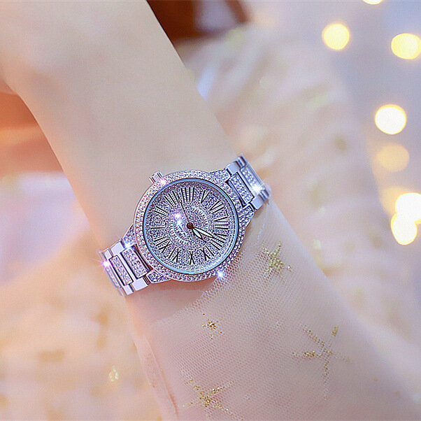 Bs novo relógio de pulso de cristal das mulheres, relógio inteiramente com diamantes, pulseira de quartzo para mulheres