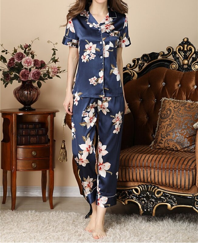 พิมพ์ลายดอกไม้ซาตินชุดลำลองชุดนอน Pajama ผู้หญิงฤดูร้อนฤดูใบไม้ร่วงสั้นแขนยาวกางเกงชุดนอนกระเป๋าสุภาพสตรีชุดนอน Homewear