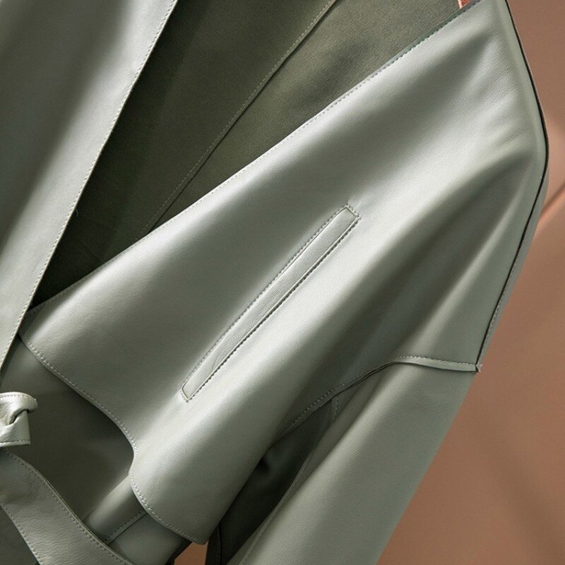 Jaket Kulit Asli Belted Leher V Dalam Mode Wanita Mantel Kulit Asli Slim Fit Selempang Elegan Mewah Wanita Kantor Italia