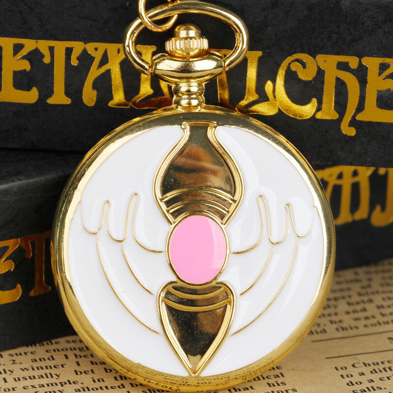 Золотистые женские кварцевые карманные часы с инкрустированным розовым кристаллом, женские, детские, с цепочкой и ожерельем, карманные часы-брелок с Луной, подарок с подвеской
