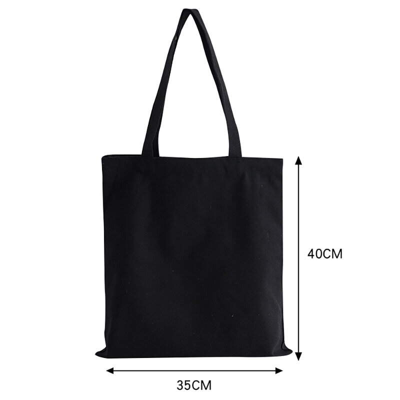Bolsa de compras de lona preta para mulheres, bolsa de ombro reutilizável, bolsa casual, impressão de padrão branco, grande capacidade, bolsa dobrável