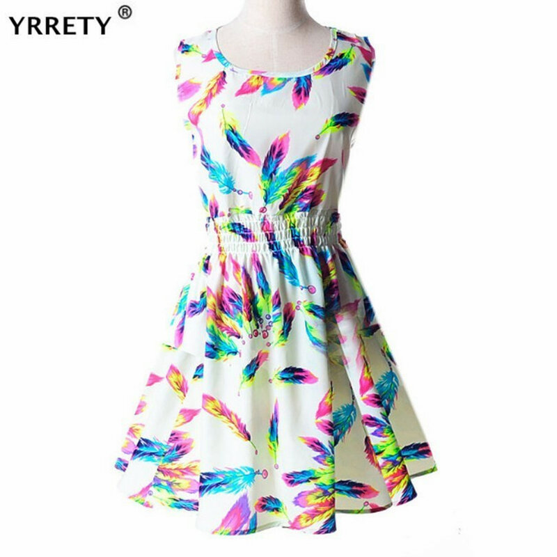 Yrrety 여자 비치 드레스 여름 boho 프린트 옷 민소매 파티 드레스 캐주얼 짧은 sundress 플러스 사이즈 꽃 드레스 2020