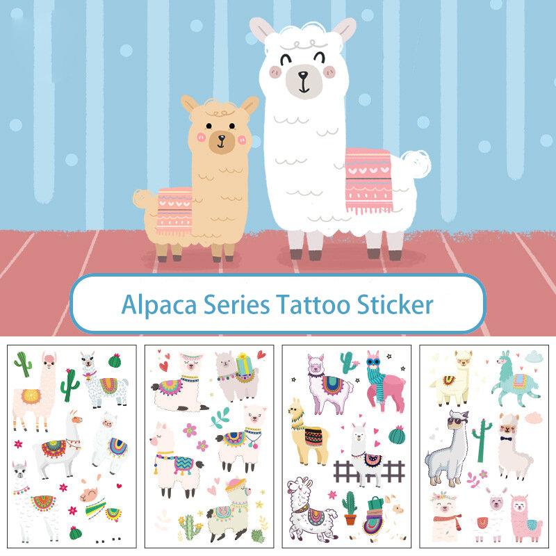 Pegatinas de tatuaje de la serie Alpaca para niños, 10 piezas, dibujos animados impermeables, transferencia corporal, juguete decorativo