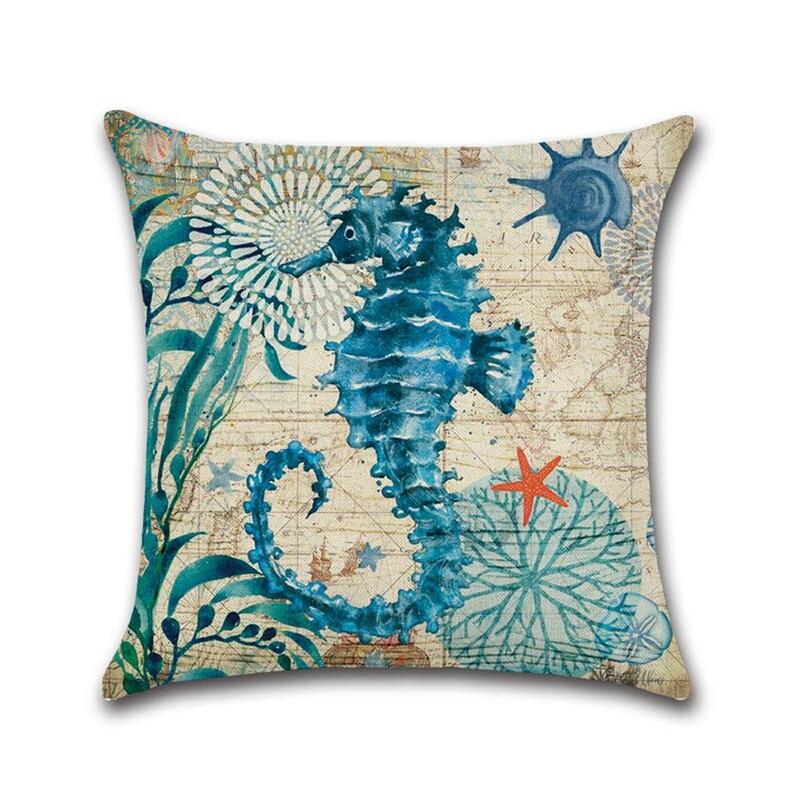 Funda de almohada con estampado de tortuga marina, cubierta decorativa de lino y algodón, caballito de mar, pulpo, ZT251