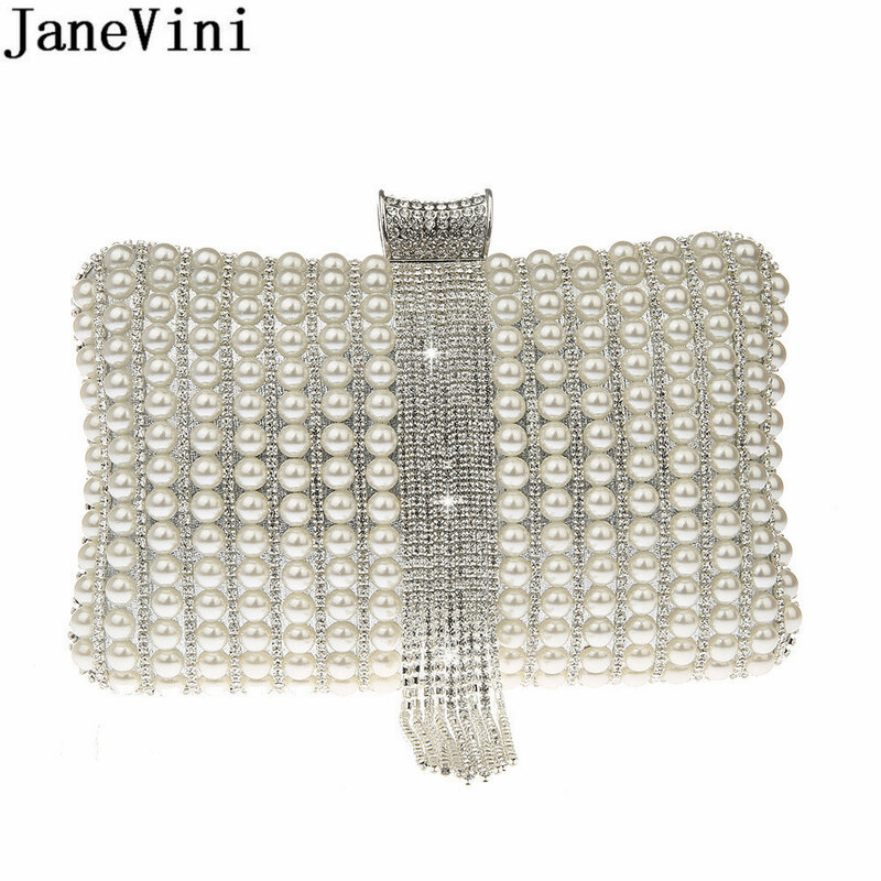 JaneVini Pearls Silver Rhinestones Luxury Handbags Women Bags Designer Handmade Clutch With Chain Wedding Dress Handbag Purse
