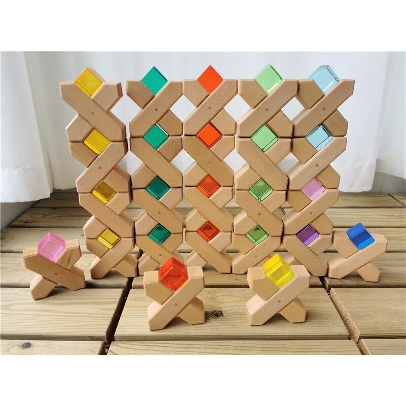 Kids Large Buidling Wood Toys  X-shapes Grids Step Gables Stacking See Through DIY Creative Play