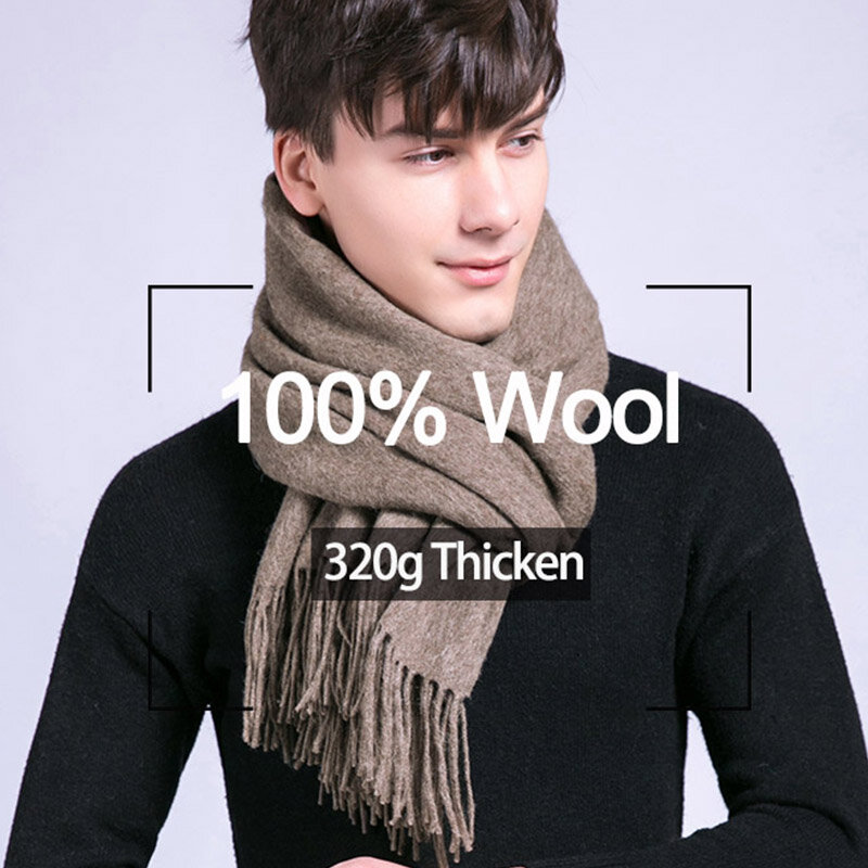 Man's Winter 100% Wool Scarf Cashmere Luxury Wool Thicken Solid Warm Shawls and Wraps for Men Pashmina Muffler Pure Wool Scarves