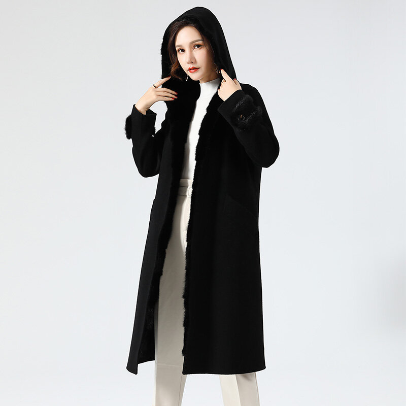 Pudi-abrigo de piel auténtica para mujer, chaqueta con capucha de visón, forro de conejo, Parka caliente de mezcla de lana, Z20179, 2021