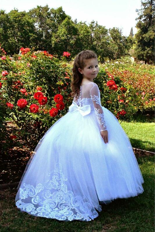 Lace Long Sleeve Puffy vestido de baile para meninas, lindos vestidos de flores, vestido de baile para meninas