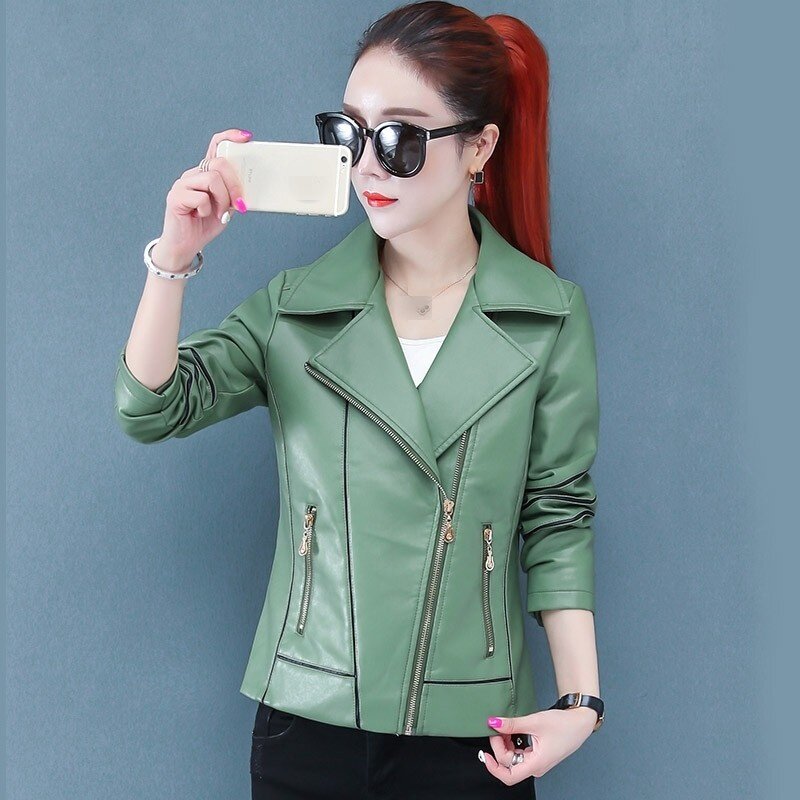 Mantel Pendek Biker Motor Punk Wanita Kerah Lipat Berritsleting Jaket Kulit Pu Slim Fit Pakaian Luar Fashion High Street Wanita