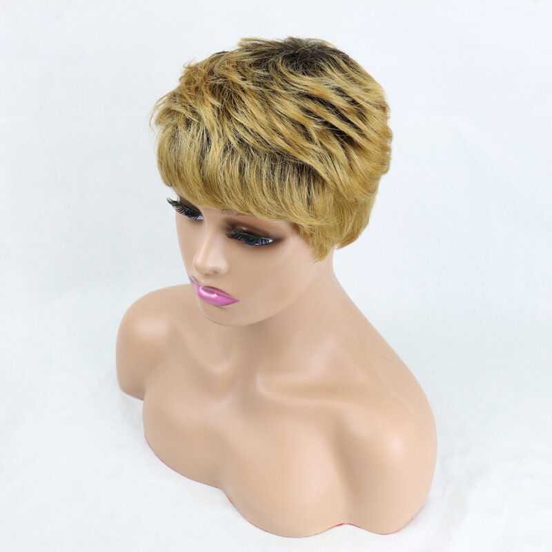Pelucas de cabello humano brasileño Remy para mujeres negras, pelo corto recto de corte Pixie, hecho a máquina, Color negro, barato, sin pegamento