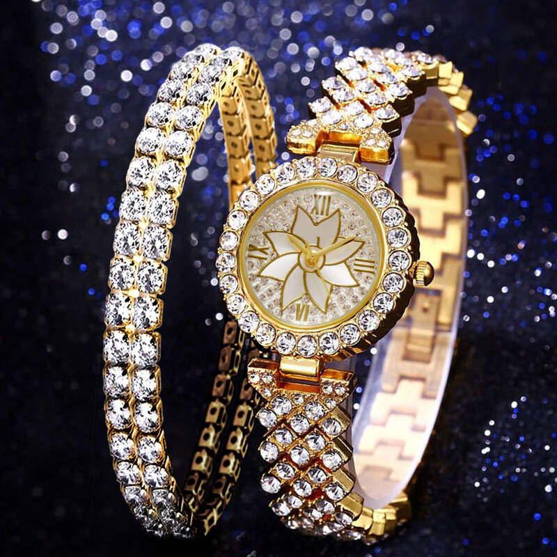 Conjunto de Reloj de lujo para Mujer, pulsera de Gypsophila con diamantes a la moda, de cuarzo, 2 uds.