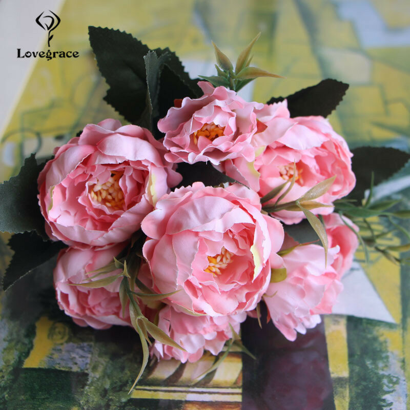 Peonías artificiales de seda para decoración del hogar, Mini flores falsas de 8 cabezas, para boda, bricolaje