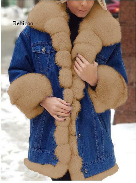 Jaket Bulu Parka Denim Wanita Musim Dingin Jaket Wanita Mantel Bulu Rubah Tebal Bulu Hangat Jaket Bulu Parka 5Xl
