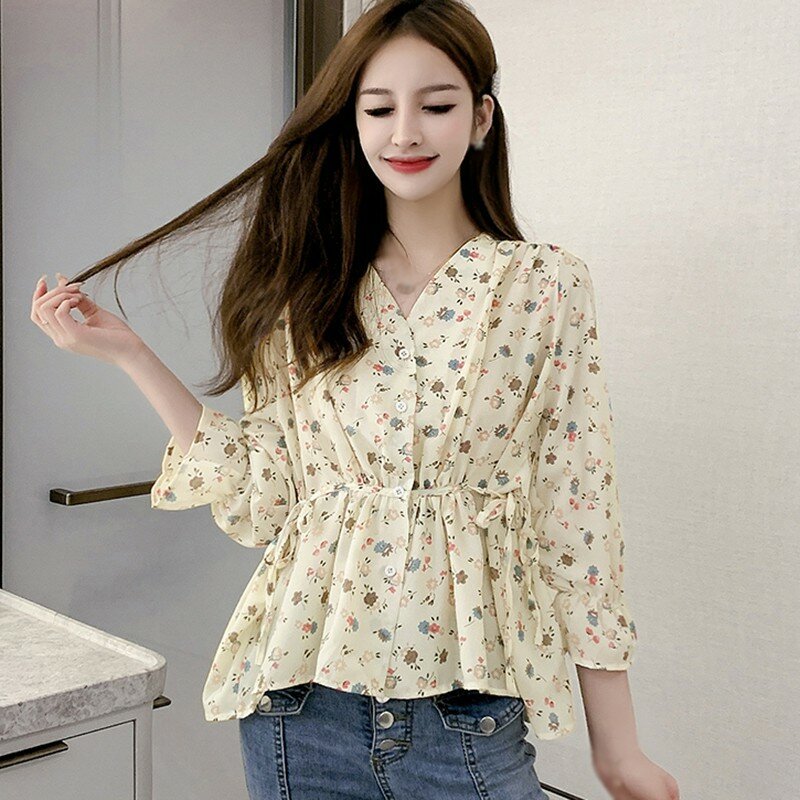 Women's V-Neck Chiffon Shirt Long Sleeve Korean Style Ladies  Floral Print Summer Sweet Blouses 2020