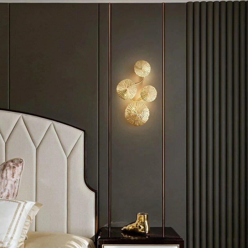 Kobucc-Lámpara de pared con forma de hoja de loto para el hogar, candelabros de iluminación G4 de cobre, dorado, plateado, Retor, Vintage, para cabecera, sala de estar y decoración artística