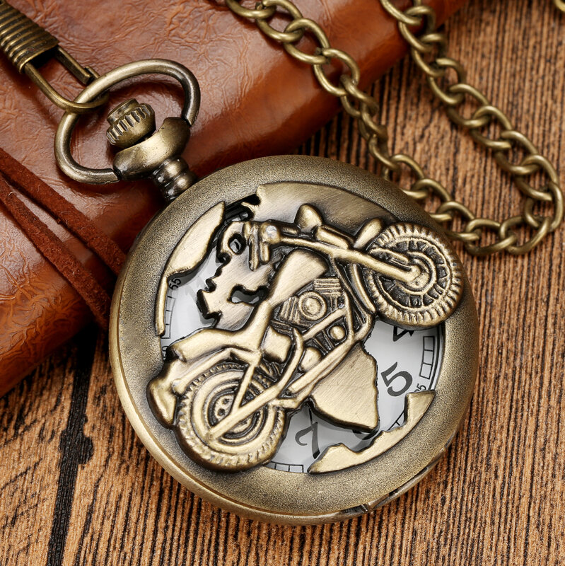 Antique Bronze Hollow 3D Motorcycle Autocycle Autobike Pattern Quartz Pocket Watch Necklace Pendant Chain Gift Reloj De Bolsillo