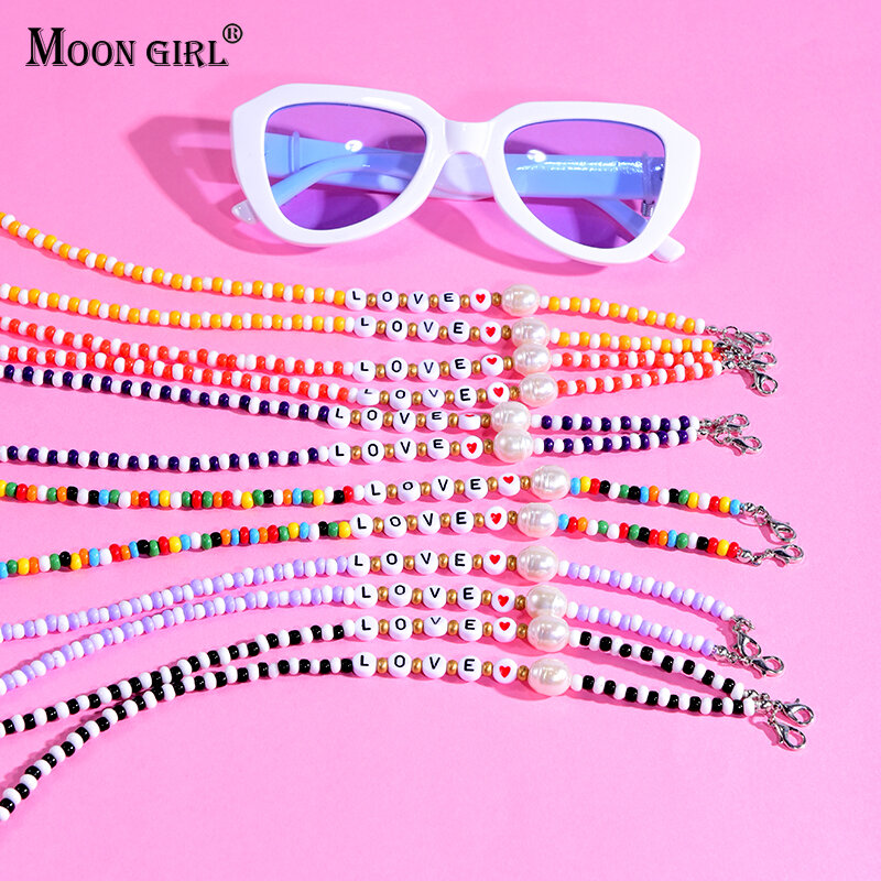 Pearl Letter Seed Bead Glasses Chain for Women Fashion Trendy Lover Eyewear Reading Sunglasses Hanging Neck Chain Lanyard Holder