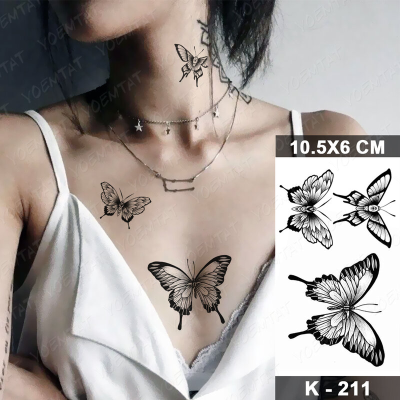 Водостойкие Временные татуировки, наклейки, черная бабочка, роза, Переводные женские сексуальные татуировки на шею, руку, грудь, боди-арт, искусственные татуировки
