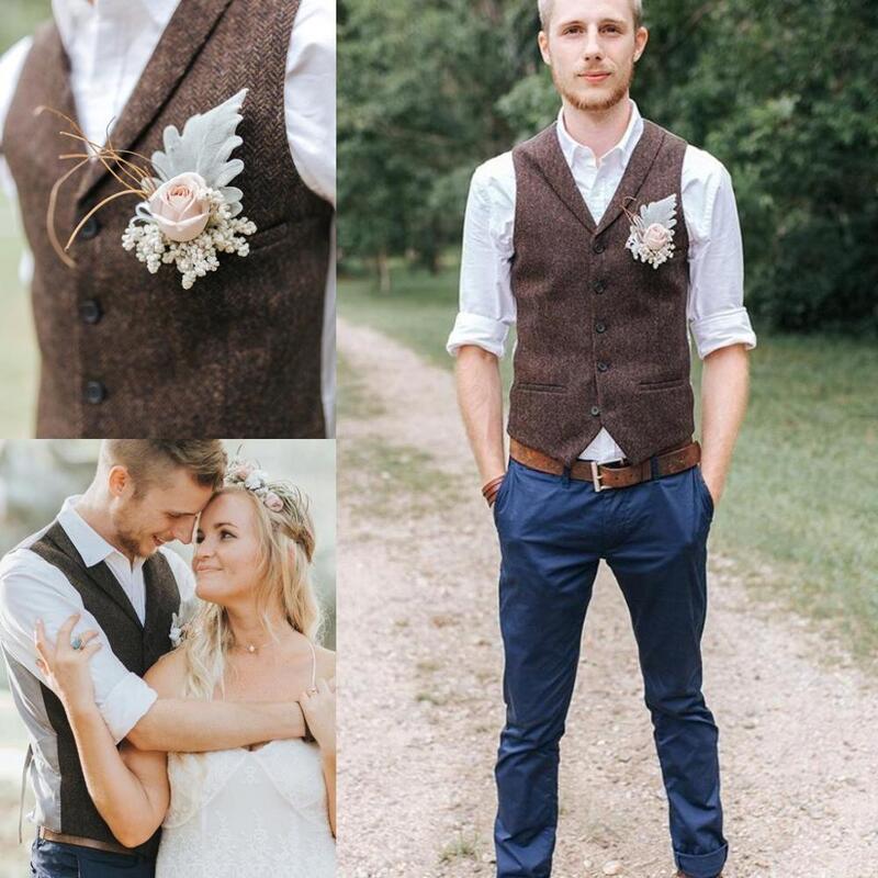 Rustykalne wełniane brązowe kamizelki dla pana młodego kraju ślubu Tweed slim fit wesele dla mężczyzn strój Groomsmen kamizelka Prom