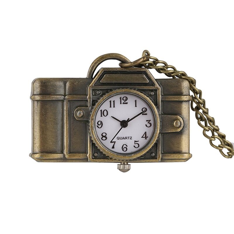 Única forma da câmera pingente pendurado relógio de bolso de quartzo do vintage bronze moda pingente colar relógios para fotógrafos amigos
