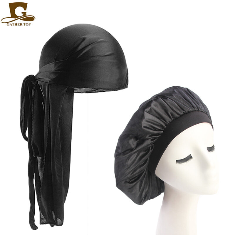 Unisex Silky Durag Long Tail And Wide Straps Waves For men Solid Wide Doo Rag Bonnet Cap Comfortable Sleeping Hat