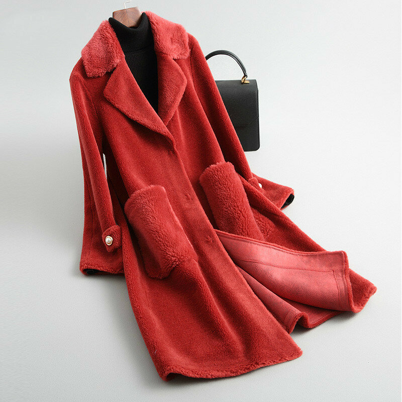 Abrigo de piel auténtica para mujer, chaqueta de lana larga informal ajustada, moda coreana, abrigo rojo y azul, Hiver 39037LW536, 2020