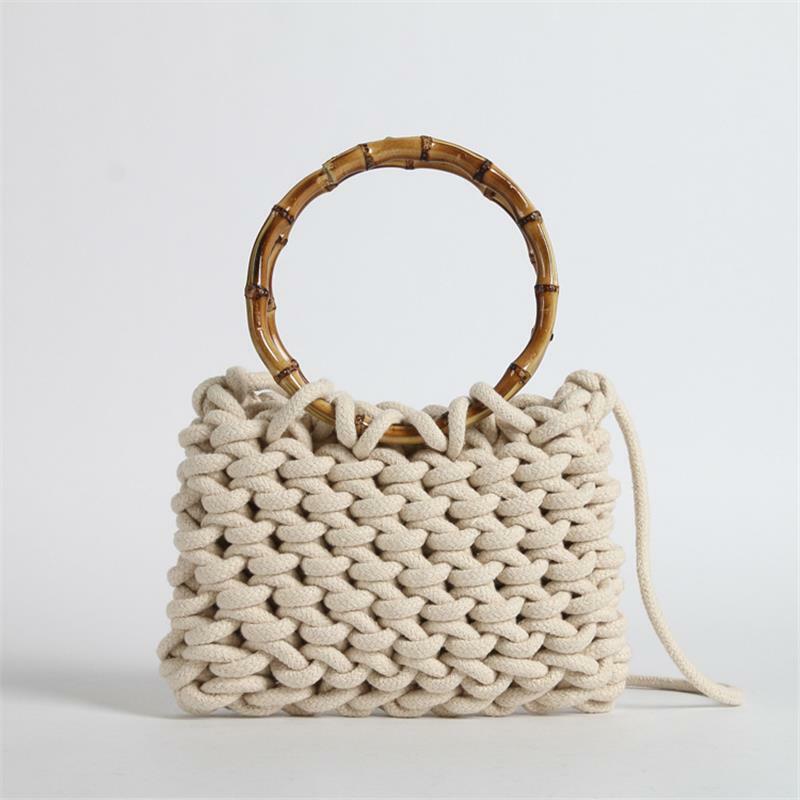 22x16CM 2020 Ins New Style Casual Wooden Handle Thick Cotton Thread Bag Handbag Shoulder Bags Women Messenger Straw Bag   a7306