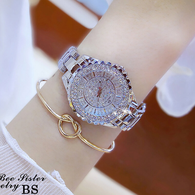 Thời Trang Nữ Đồng Hồ Đá Kim Cương Đầm Đồng Hồ Cao Cấp Nữ Vàng Reloj De Mujer "Đồng Hồ Đeo Tay Thạch Anh Thép Không Gỉ