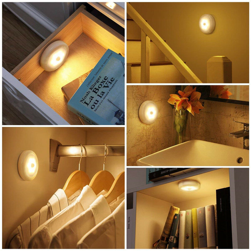Luz noturna de led com sensor de movimento, sem fio, redonda, alimentada por bateria, para armário, lâmpada de cabeceira, para iluminação de casa, armário