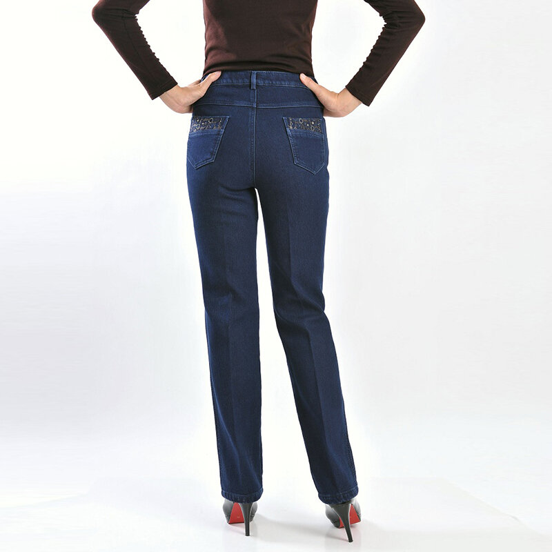 Tinggi Kualitas Spring Ibu Celana Jeans Wanita Pinggang Elastis Tinggi Ukuran Slim Wanita Celana
