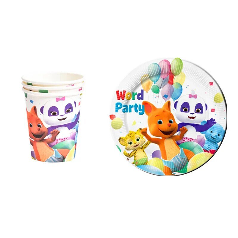 Hot Woord Party Thema Verjaardagsfeestje Decoratie Servies Set Cartoon Dieren Papier Cup Plaat Baby Shower Kids Verjaardagslevering