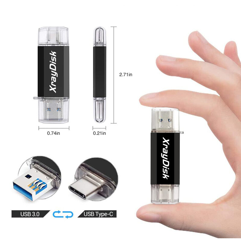 Xraydisk USB C 타입 플래시 드라이브, 외부 저장 데이터 포함, 2 in 1 Otg USB 3.0 썸 드라이브 메모리 스틱, 32GB, 64GB, 128GB, 256GB