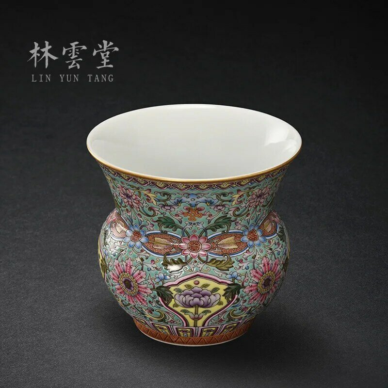 Lin Yuntang-ramas enredadas pintadas a mano, Cubo de té, esmalte verde, loto, Jingdezhen, adornos de cerámica hechos a mano