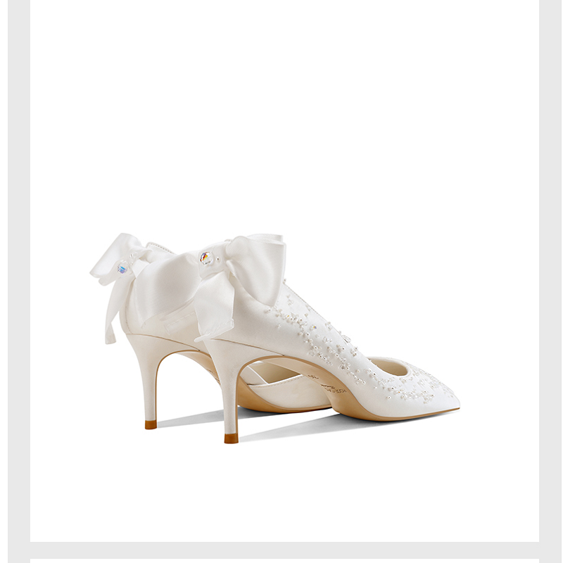 جديد ربيع 2021 حذاء زفاف فرنسي مطرز بخنجر حذاء نسائي أبيض جانبي فستان مأدبة فارغ حذاء فردي صندل لؤلؤي