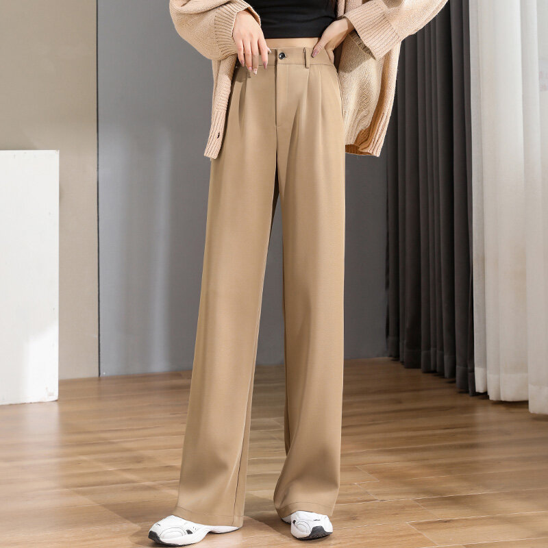 Pantalones rectos elegantes para mujer, ropa de oficina, Vintage, alto, holgado, coreano, primavera, verano, Otoño, pierna ancha