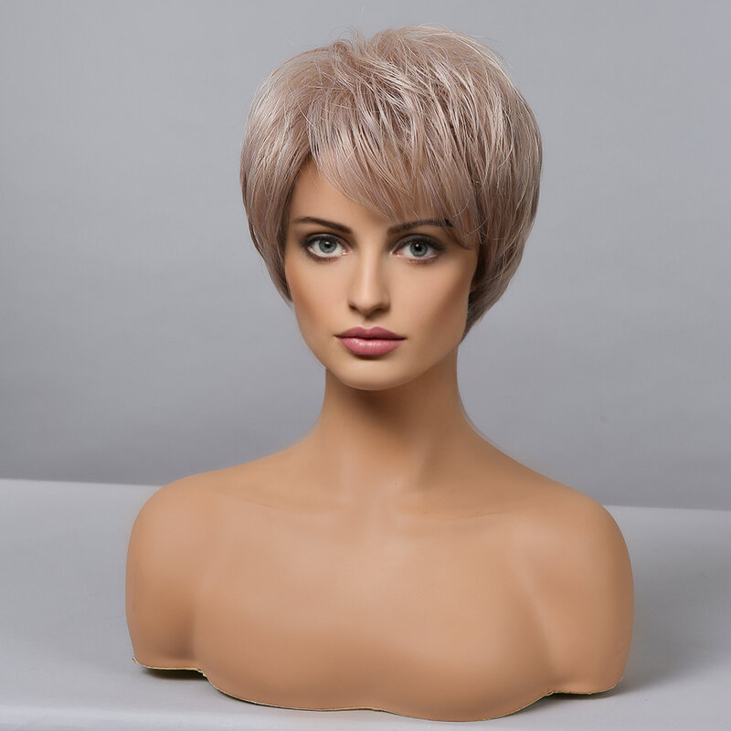 HAIRCUBE-Peluca de cabello humano con flequillo lateral para mujer, postizo de corte Pixie corto, mezcla de cabello sintético, color marrón, rosa y Rubio