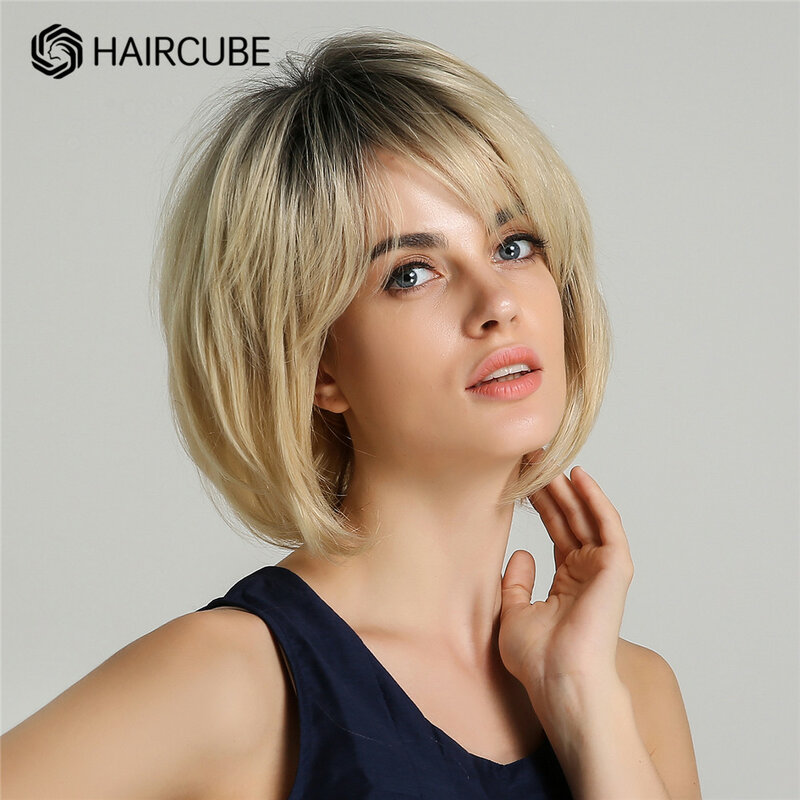 HAIRCUBE krótki BoBo peruka z przedziałek z boku Bang Ombre czarny złoty ludzki włos mieszanka peruki dla kobiet żaroodporne naturalne miękkie włókno