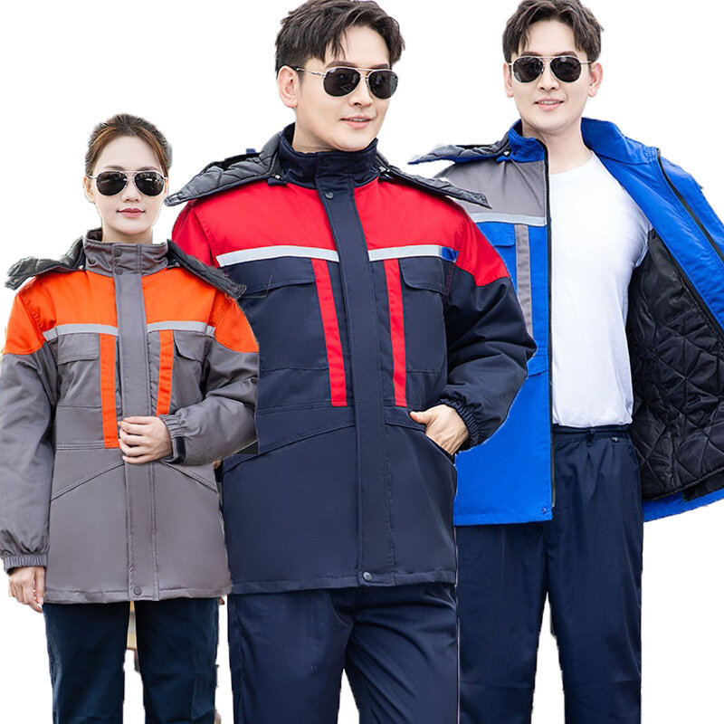 2021 inverno roupas de trabalho para homens algodão acolchoado destacável reparadores com capuz jaqueta reflexiva tarja segurança coat5xl
