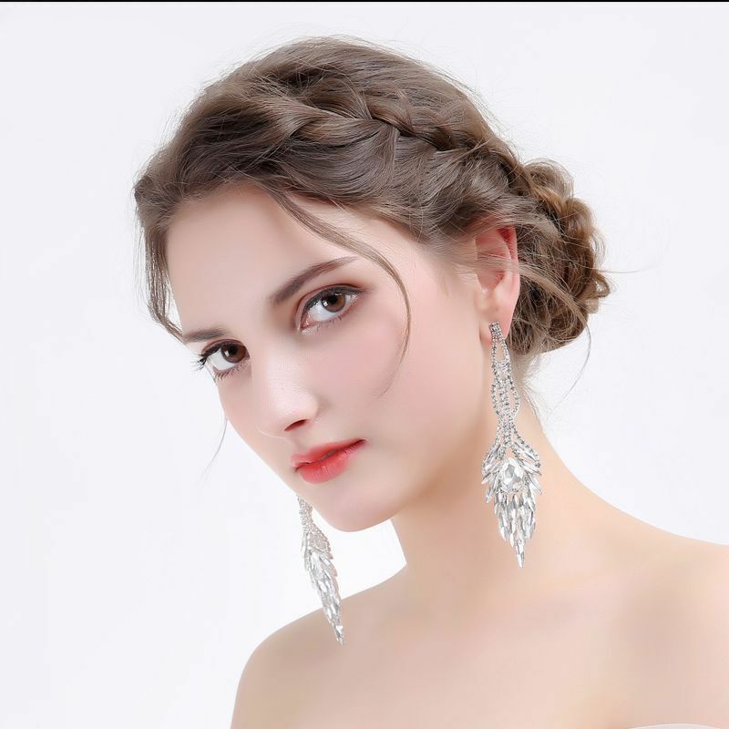 luxury Long Statement Drop Earrings green crystal Rhinestone earrings for women Dangle wedding Earrings E075